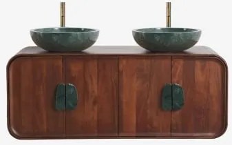Dubbel Zwevend Badkamermeubelset 130x45 Cm Van Mangohout En Natuurlijke Kivalina-steen Groen Marmer Uit Udaipur - Donker Mangohout & 2 X Onde Groene -