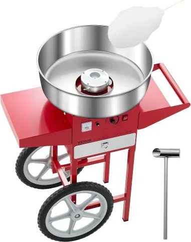 VEVOR Elektrische Suikerspinmachine Commerciële Suikerspinmachine met Kar (1000W) met 52cm RVS Kom &amp; Suikerschep &amp; Lade, Perfect voor Kinderfeestjes Familiefeestjes Rood
