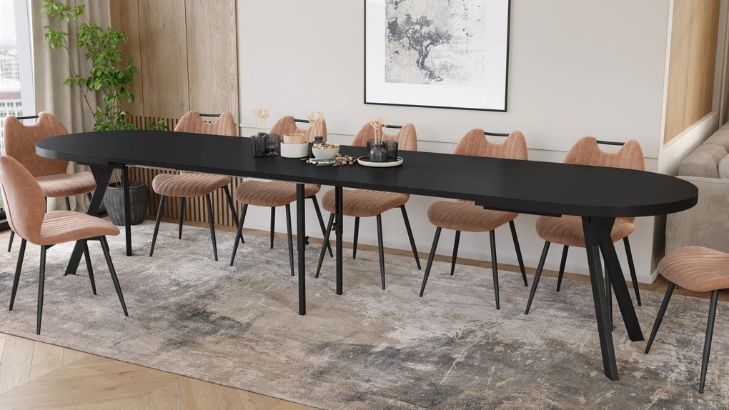 Mazzoni EXPANSO Zwart mat / zwarte poten - OVALE UITSCHUIFTAFEL 160-360 cm VOOR 16-18 PERSONEN