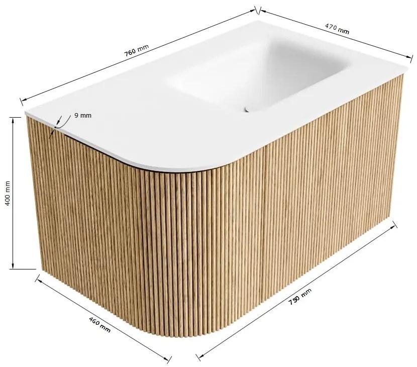Mondiaz Kurve 75cm badmeubel ronding links oak met 1 lade en deur en wastafel grunne rechts zonder kraangat