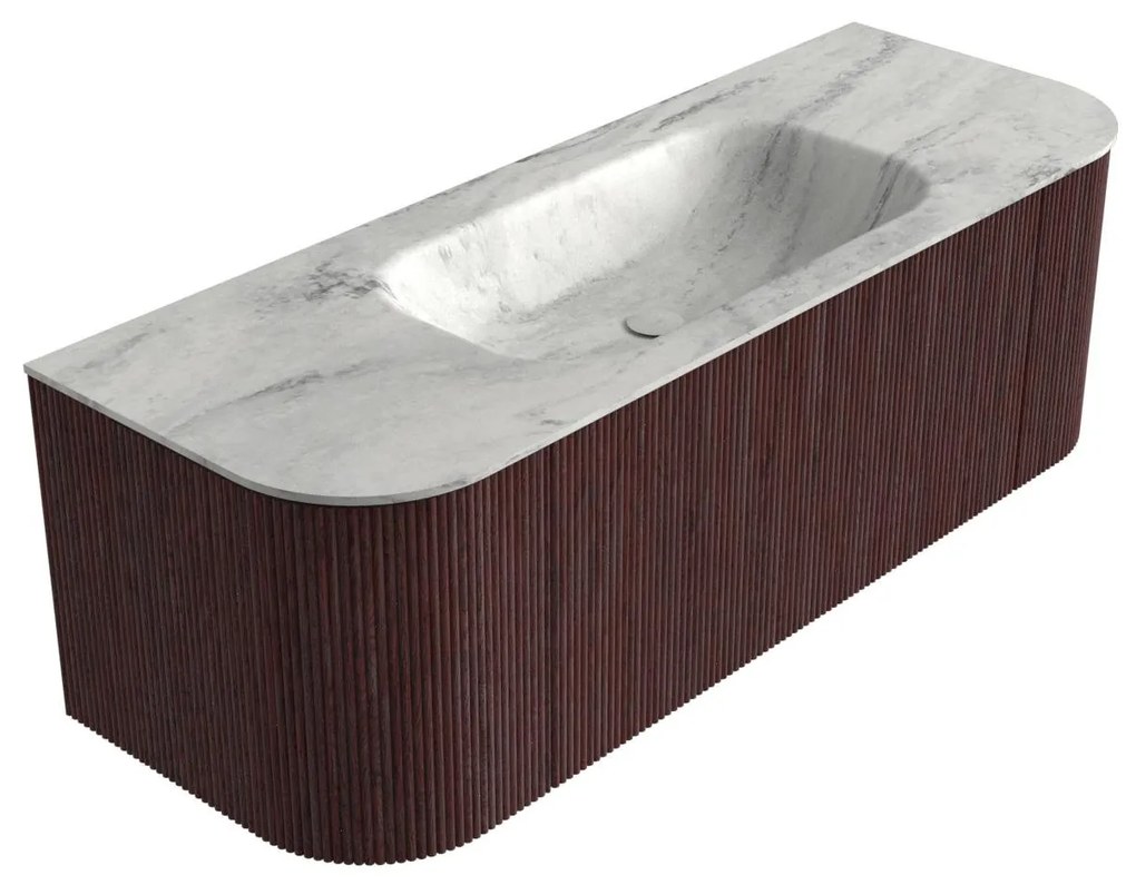 Mondiaz Kurve-dlux 130cm badmeubel ronding links/rechts ruby met 1 lade en 2 deuren en wastafel big small midden zonder kraangat opalo