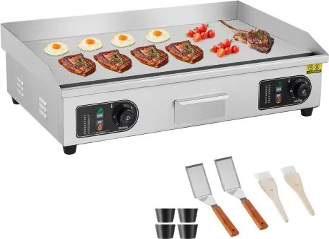 VEVOR Commerciële Elektrische Grill, 4400W, Platte Bakplaat, Instelbare Temperatuur van 50-300°C, RVS Bakplaat met 2 Schepjes en 2 Borstels voor Thuis of Restaurant (Zonder Stekker)