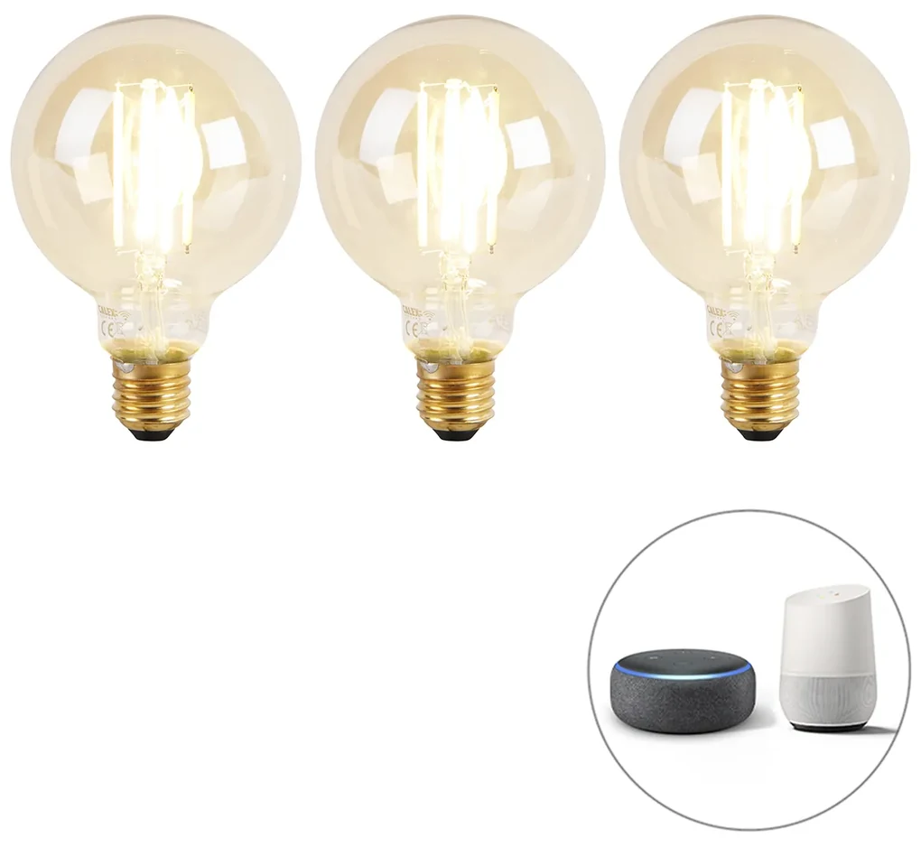 Set van 3 smart E27 dim to warm LED lampen G95 goldline 7W 806 lm 1800K - 3000K