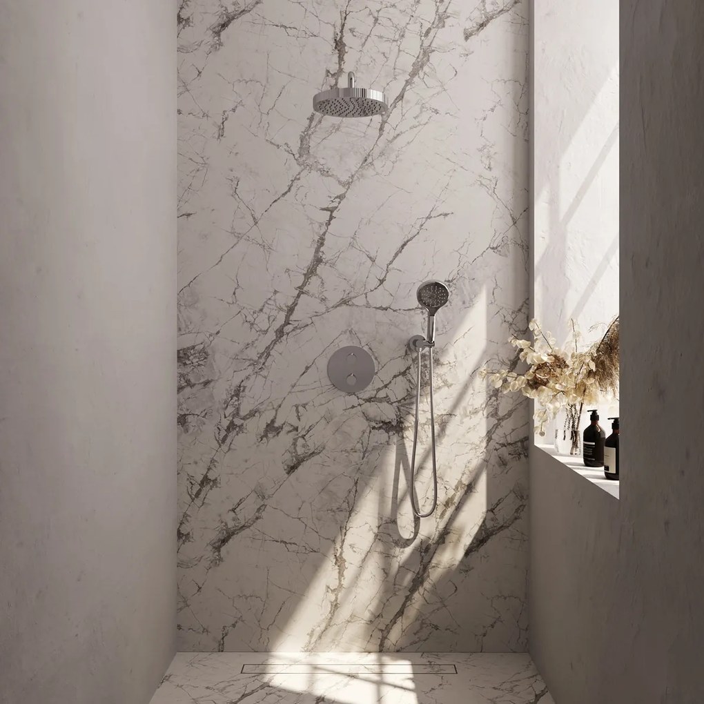 Brauer Stripe inbouw regendouche rond met 25cm hoofddouche, gebogen muurarm en 3 standen handdouche set 41 chroom