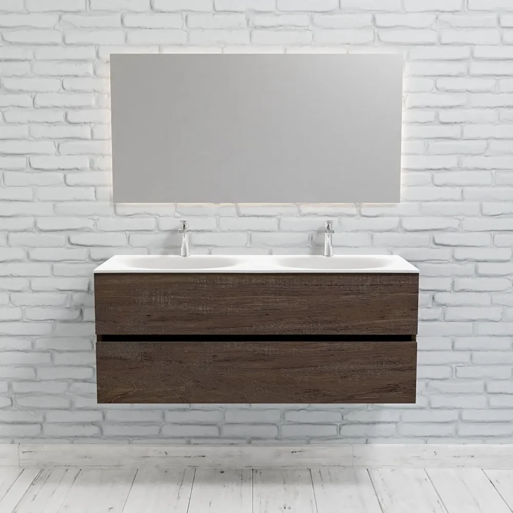 Zaro Sevilla Solid Surface badmeubel 120cm donker eiken 2 kraangaten dubbele spoelbak met 2 lades