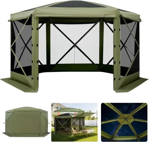 VEVOR Pop-up Paviljoen, 3,6 x 3,6 m, Grote 6-zijdige campingtent met afneembaar dak en draagtas, partytent, zonnescherm voor 8-10 personen, voor tuin en terras, groen