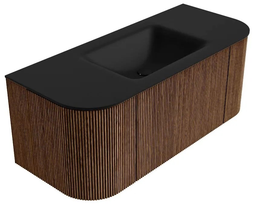Mondiaz Kurve 110cm badmeubel ronding links/rechts walnut met 1 lade en 2 deuren en wastafel cloud midden zonder kraangat urban