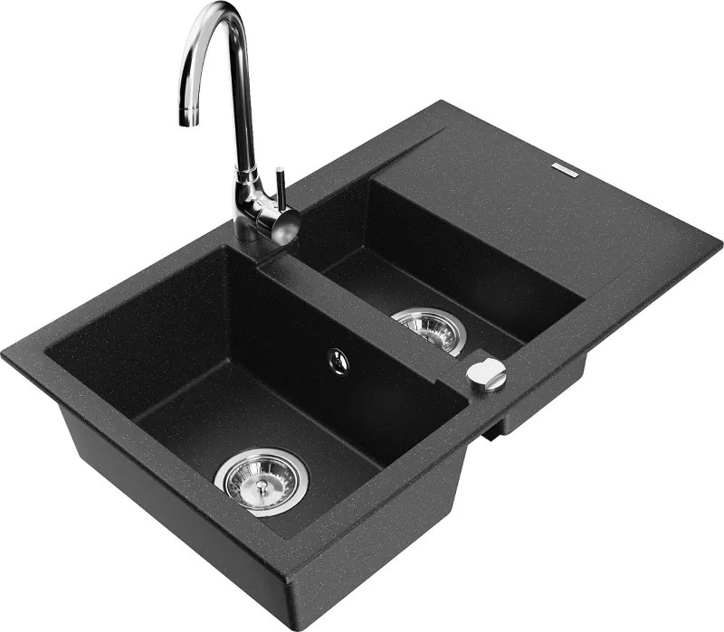 Mexen Gaspar granit gootsteen 1,5-kamer met afdruiprek en keukenmenger Telma, zwart/zilver - 6507-73-670200-00