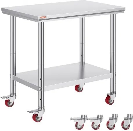 VEVOR roestvrijstalen keukentafel 90 x 60 x 85 cm met een draagvermogen van 136,08 kg, voorzien van 4 zwenkwielen, in 3 standen in hoogte verstelbaar, robuuste werktafel voor voedselbereiding, zilverkleurig