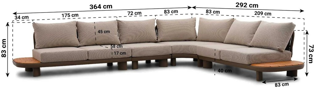 Hoek loungeset 6 personen Aluminium/Rope /Teak Taupe Santika Furniture Santika
