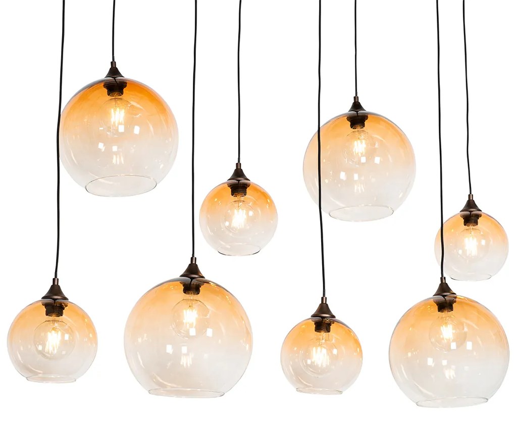 Art Deco hanglamp donkerbrons met amber glas 8-lichts - Sandra