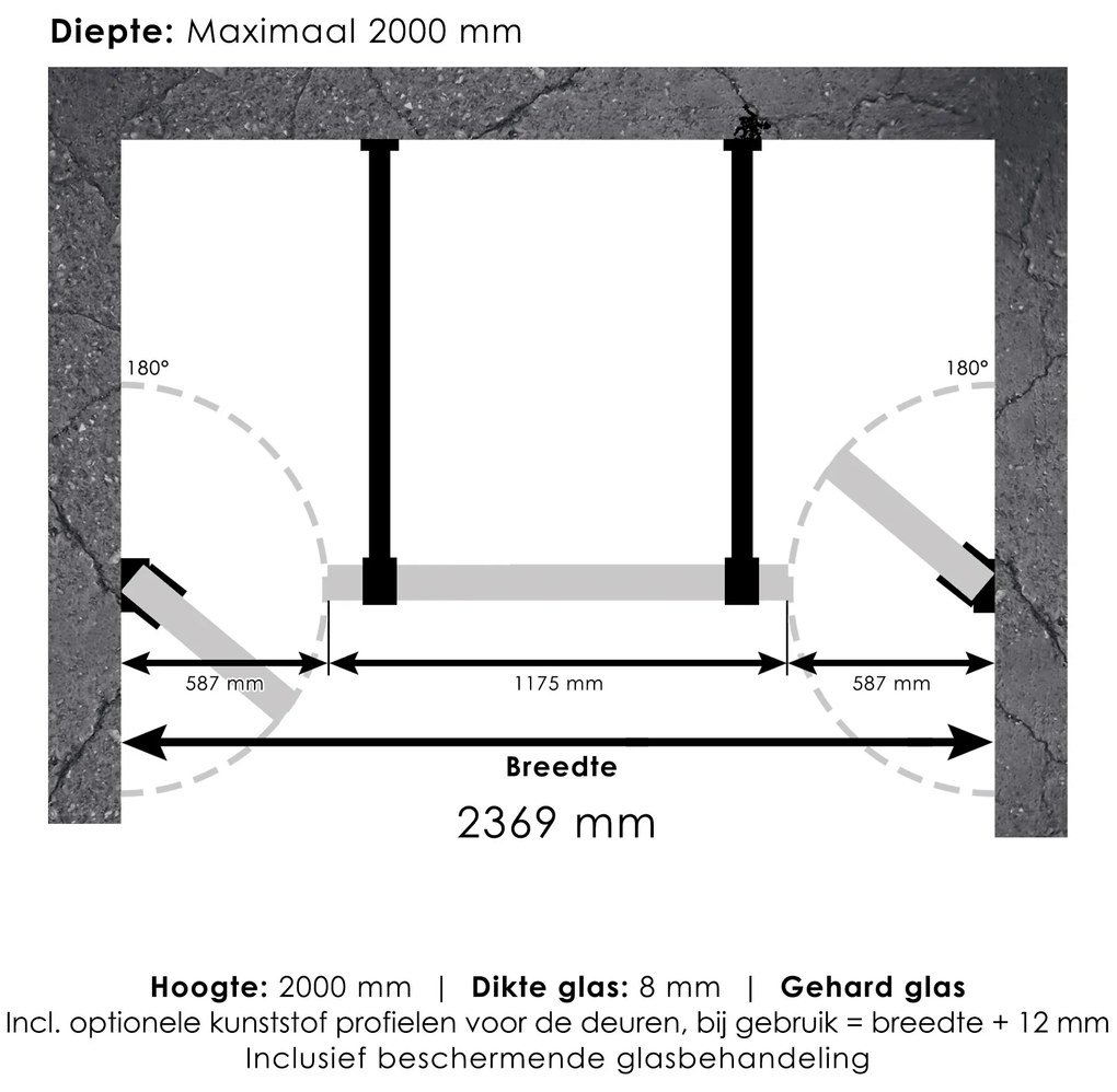Brauer JC profielloze niscabine XL 240x200cm met 60cm deuren chroom