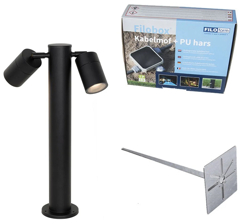 Buitenlamp zwart met grondpin en kabelmof 45cm 2-lichts IP44 - Duo