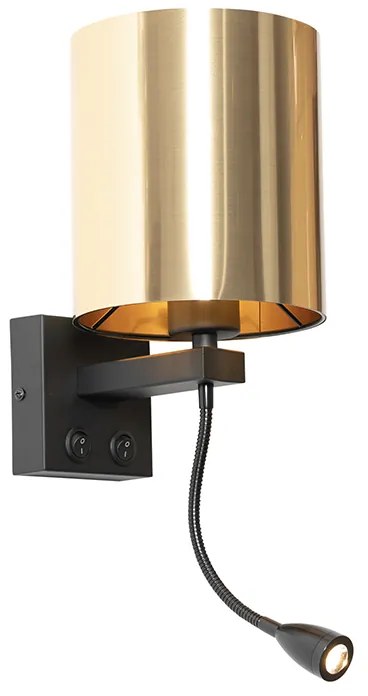 Wandlamp zwart met flexarm en kap goud 15 cm - Brescia