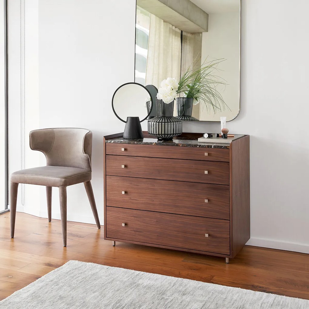 Ladekast met 4 laden, walnootfineer en amber marmer, Noham