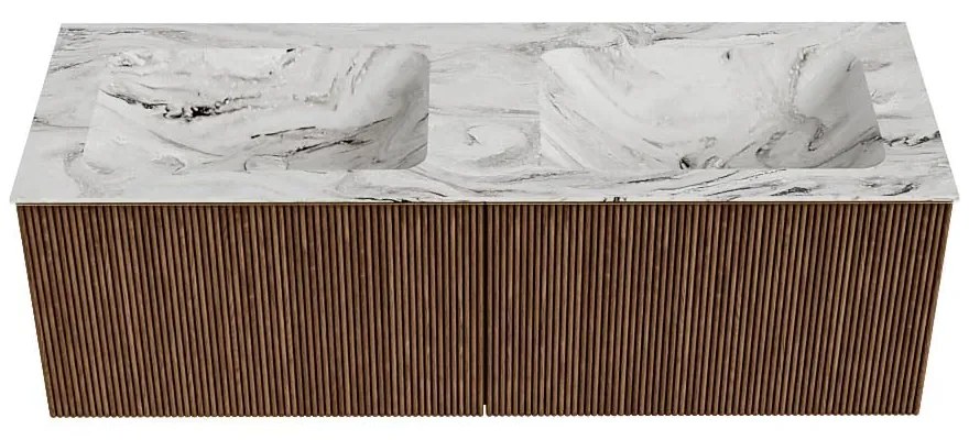 Mondiaz Kurve-dlux 130cm badmeubel walnut met 2 lades en wastafel leaf dubbel zonder kraangat glace