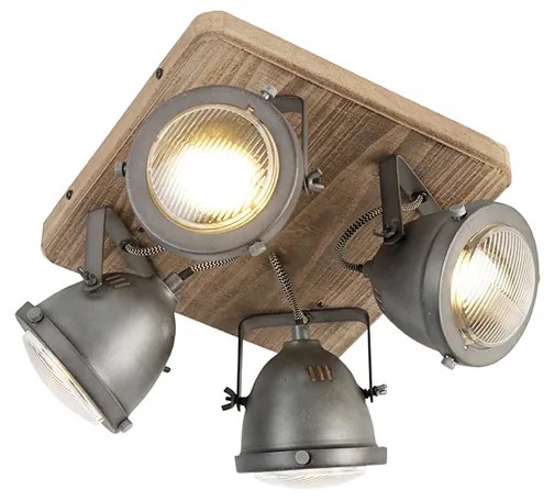 Smart plafondlamp staal met hout incl. 4 WiFi GU10 - Emado Industriele / Industrie / Industrial GU10 vierkant Binnenverlichting Lamp