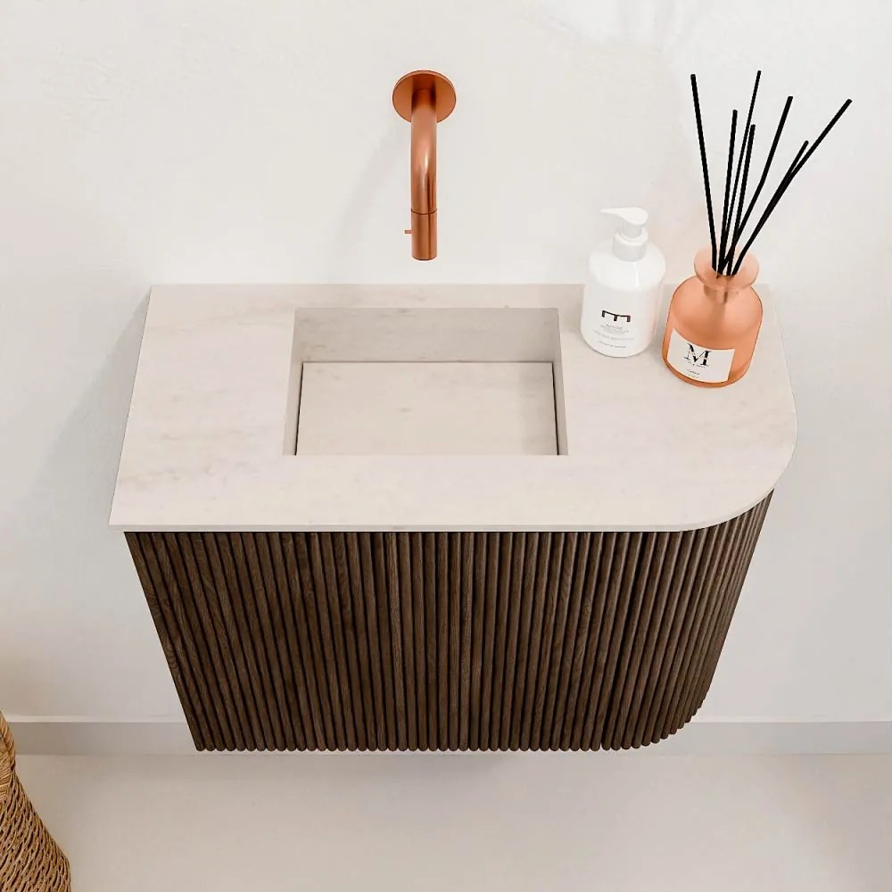 Mondiaz Joya DLux 50cm toiletmeubel ronding rechts walnut met wastafel faye links zonder kraangat meli