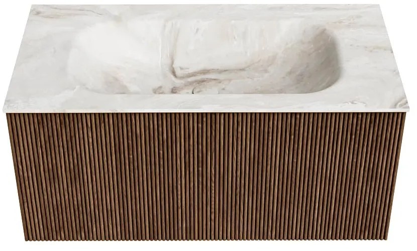 Mondiaz Kurve-dlux 90cm badmeubel walnut met 1 lade en wastafel big small midden 1 kraangat frappe