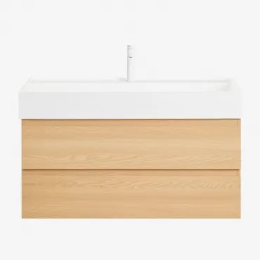 Badkamermeubelset Van Hout En Essenhoutfineer Met Geïntegreerde Wastafel Ona Natuurlijk Hout & Spiegelloze & Wit ↑20 Cm - Sklum