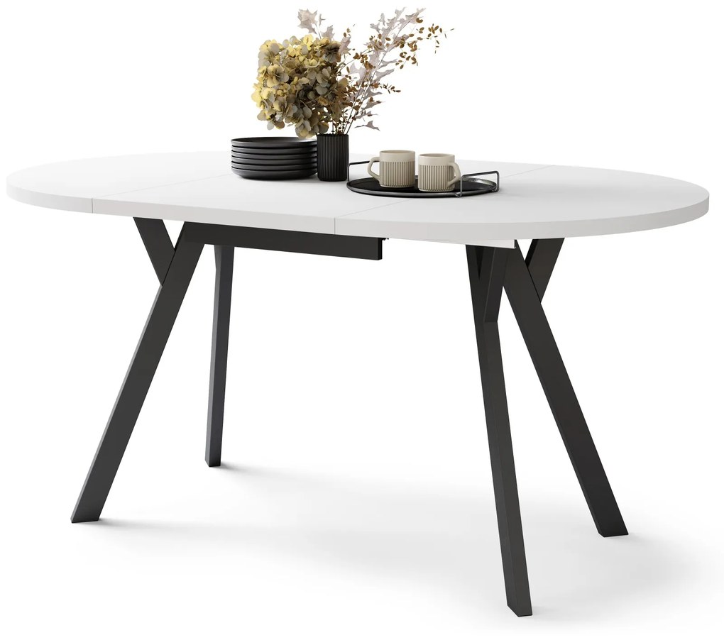 ALMO Wit Mat/Zwarte poten - RONDE LOFT/INDUSTRIËLE TAFEL VOOR WOONKAMER/EETKAMER, UITSCHUIFBAAR