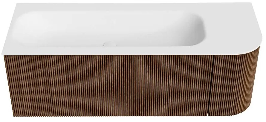 Mondiaz Kurve 125cm badmeubel ronding rechts walnut met 1 lade en deur en wastafel big medium kraangat links