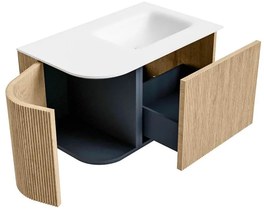 Mondiaz Kurve 75cm badmeubel ronding links oak met 1 lade en deur en wastafel grunne rechts zonder kraangat