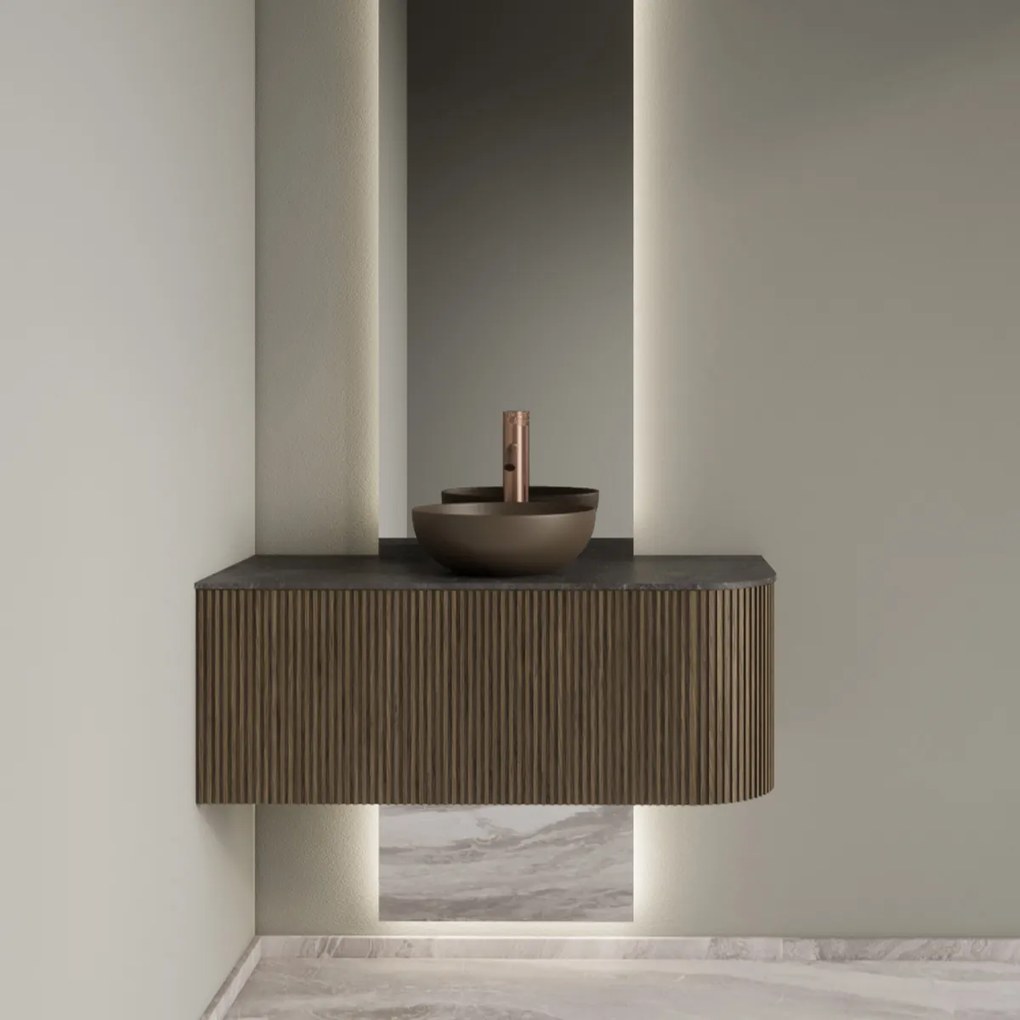 Gliss Design Alluro badmeubel ribbelfront met ronding rechts 100cm ash grey en zwart leisteen toppaneel