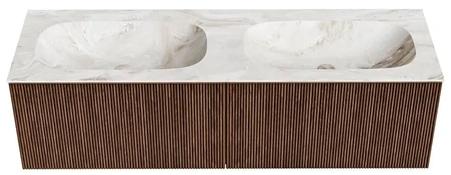 Mondiaz Kurve-dlux 150cm badmeubel walnut met 2 lades en wastafel stor small dubbel 2 kraangaten frappe