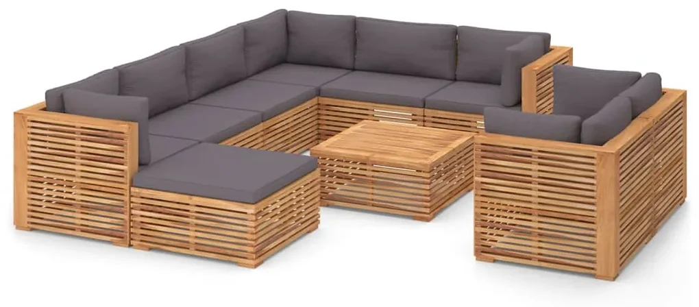 vidaXL 10-delige Loungeset met donkergrijze kussens massief teakhout