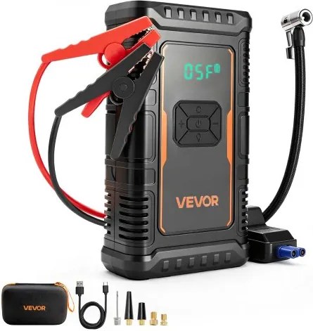 VEVOR Jump Starter Powerbank met luchtcompressor, 1600 A piekvermogen voor 6.0L benzine- / 3.0L dieselmotoren, 150 psi bandenspanning, automatische uitschakeling, 12V-oplader en LED-zaklamp.