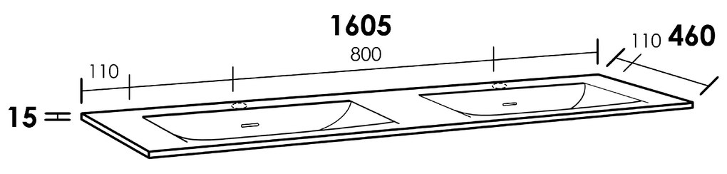 Sanituba Furiosa Mat wastafel fine stone met twee kraangaten 160cm