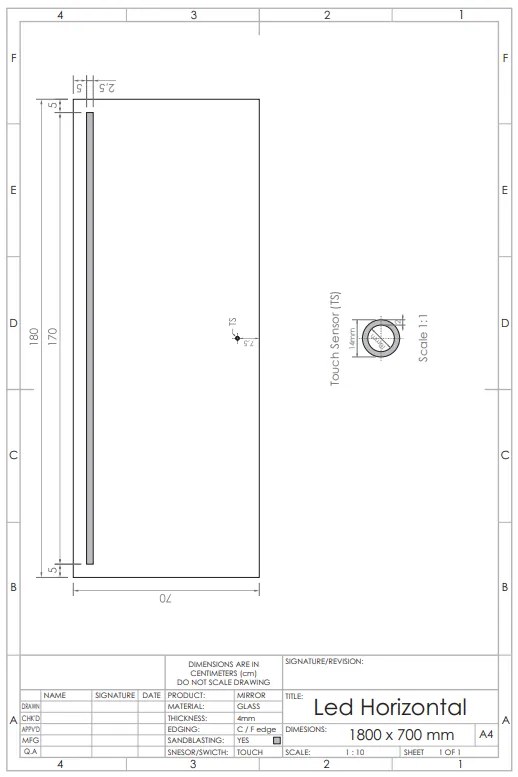 Gliss Design Horizontal spiegel met LED-verlichting en verwarming 180x70cm