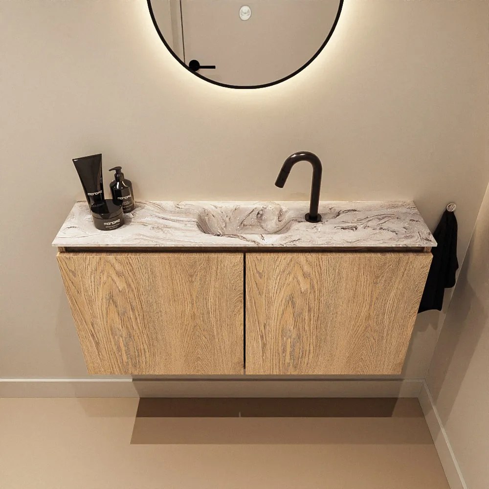 Mondiaz Ture DLux toiletmeubel 100cm washed oak met wastafel glace midden met kraangat