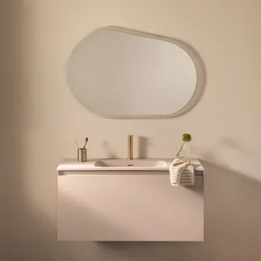 Macrae Zwevend Houten Badkamermeubelset Met Geïntegreerde Wastafel Beige – Linnen & Ovaal Led En Anticondens 100x80 Cm Riben & ↔︎ 100 Cm - Sklum