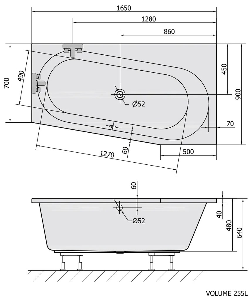 Polysan Astra asymmetrisch bad rechts schuin 165x80x48cm wit