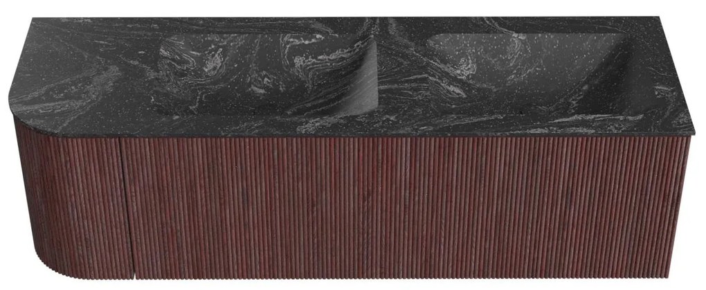 Mondiaz Kurve-dlux 145cm badmeubel ronding links ruby met 1 lade en deur en wastafel leaf dubbel/rechts zonder kraangat lava
