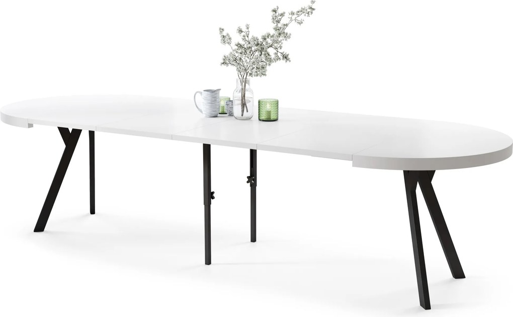 EXPANSO Wit mat/zwarte poten - GROTE RONDE TAFEL Ø110 UITBREIDBAAR TOT 310 cm met Y-POTEN LOFT/INDUSTRIAL