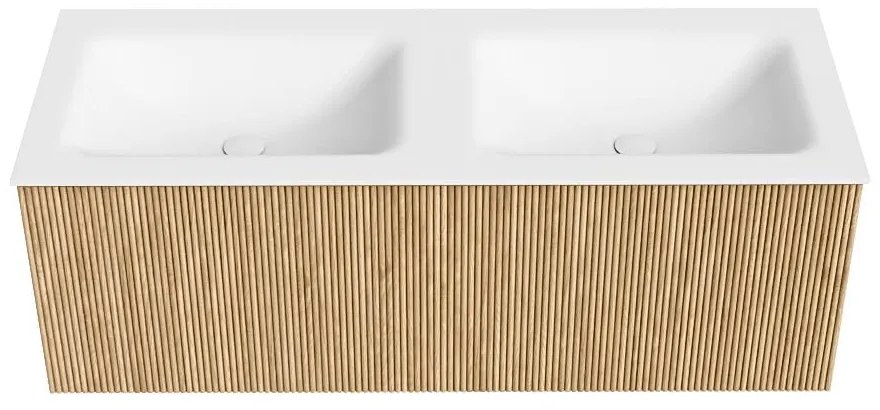 Mondiaz Kurve 120cm badmeubel oak met 1 lade en wastafel cloud dubbel zonder kraangat