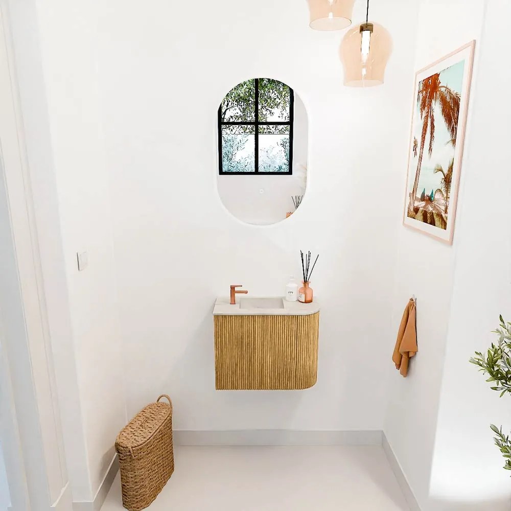 Mondiaz Joya DLux 50cm toiletmeubel ronding rechts oak met wastafel faye links 1 kraangat ostra