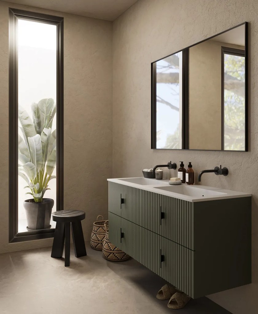 Muebles Avila badmeubel ribbelfront 120cm legergroen met dubbele wastafel zonder kraangaten
