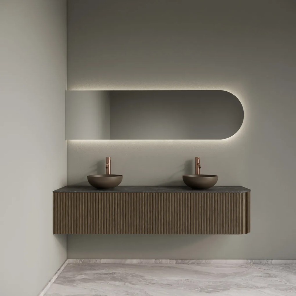 Gliss Design Alluro badmeubel ribbelfront met ronding rechts 180cm ash grey en zwart leisteen toppaneel
