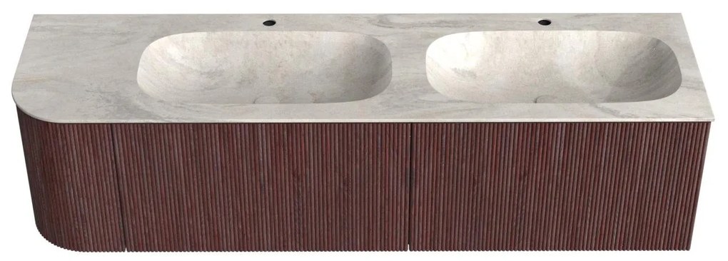 Mondiaz Kurve-dlux 165cm badmeubel ronding links ruby met 2 lades en 1 deur en wastafel stor small dubbel/rechts 2 kraangaten ostra