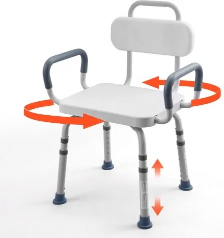 VEVOR draaibare douchestoel met armleuningen en rugleuning, draagvermogen tot 180 kg, draaibare badstoel voor douchecabine, in hoogte verstelbare badstoel voor senioren en mensen met een beperking