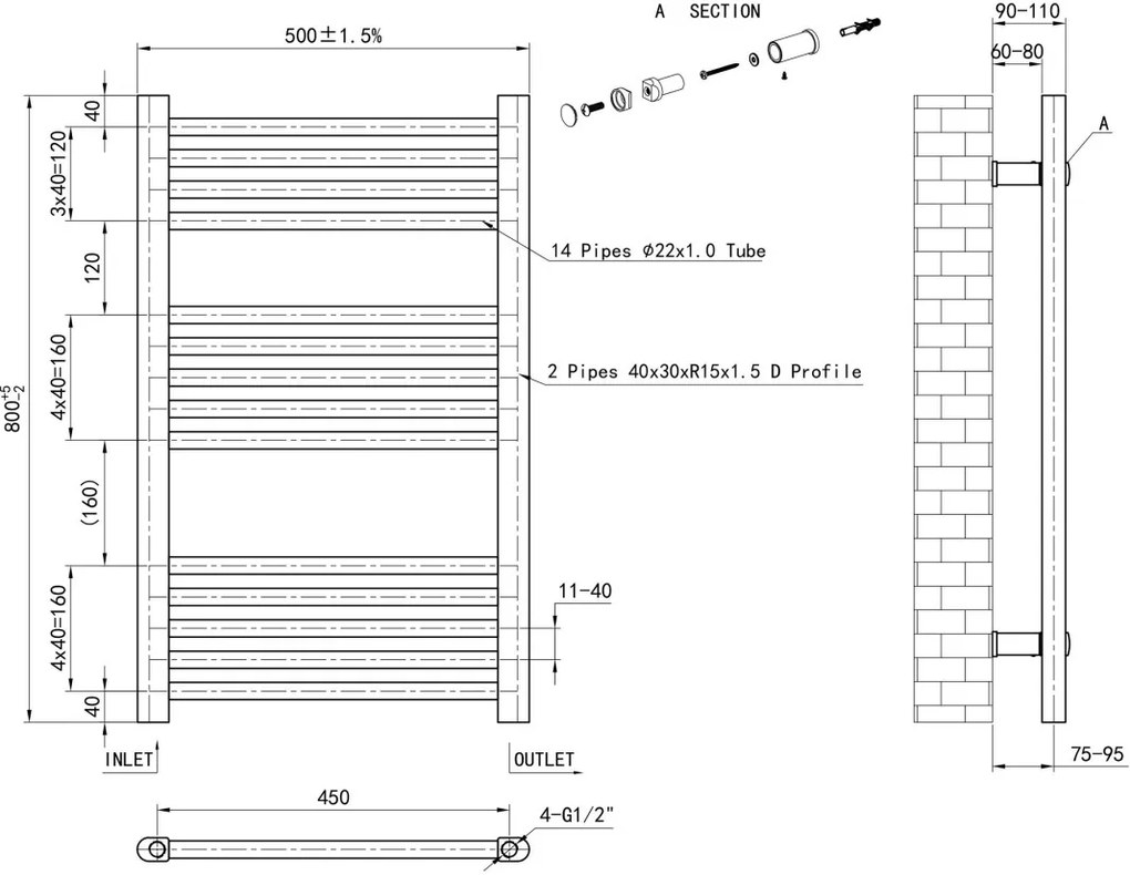 Eastbrook Wendover handdoekradiator 50x80cm 311W RVS gepolijst