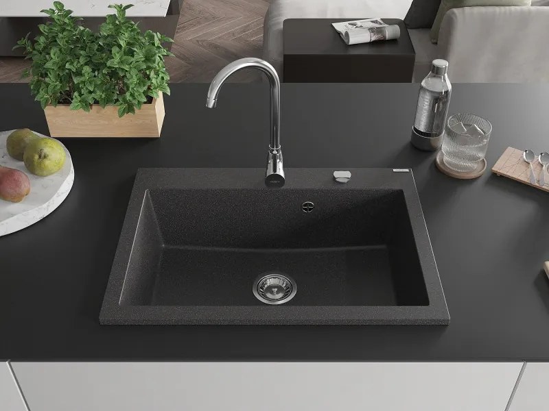 Mexen Elix granieten gootsteen 1-kamer 700 x 500 mm, zwart gespikkeld, sifon chroom - 6526701005-76