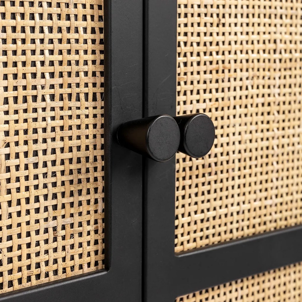 Japandi Kast Zwart Met Rotan - 70x38x145cm.