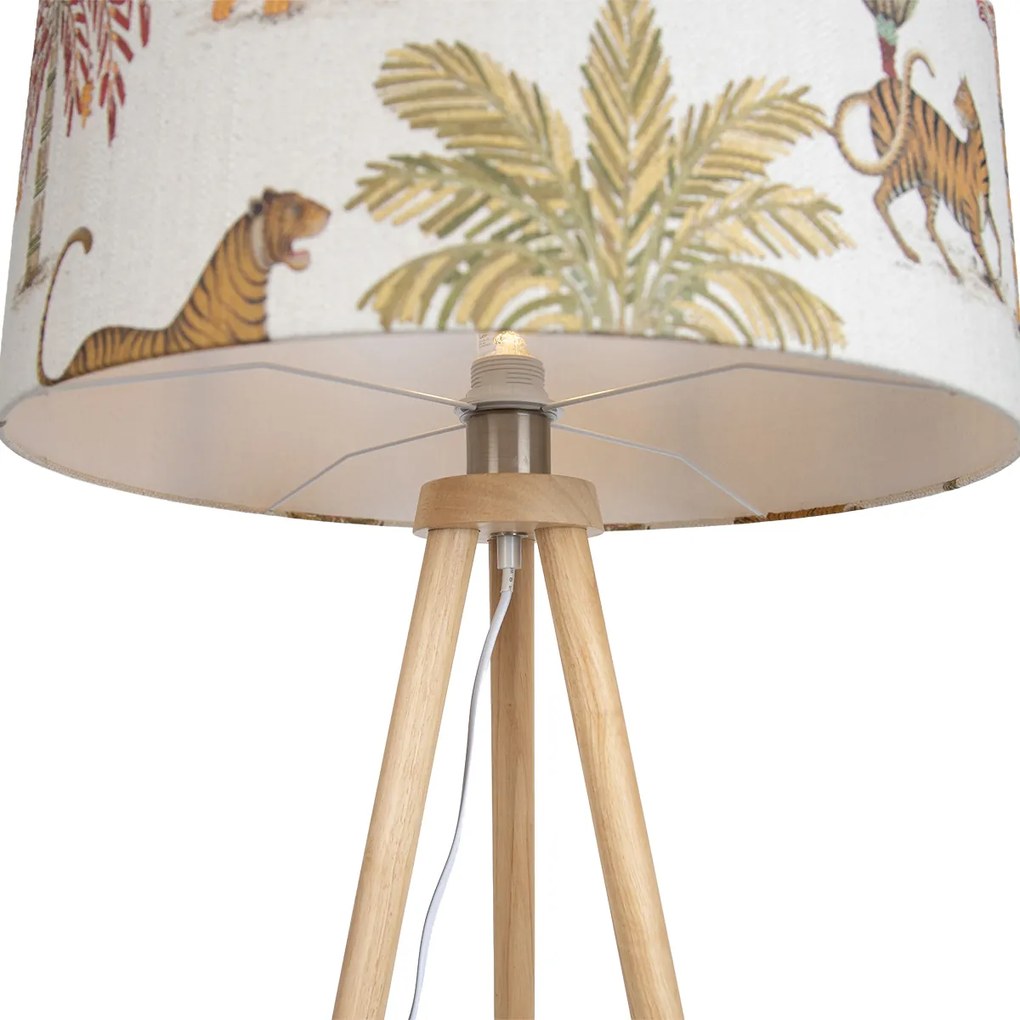 Vloerlamp hout tripod met multicolor kap met dierenprint 50cm - Lou