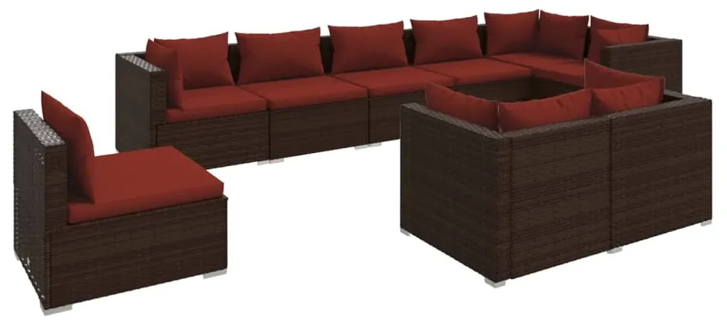 vidaXL 9-delige Loungeset met kussens poly rattan bruin