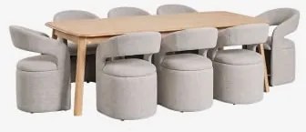 Set Eettafel 220-320x95 Cm Uitschuifbaar In Treveris Eikenhout En 8 Eetkamerstoelen Met Armleuningen In Bouclé Stof Jules Eikenhout - Sklum